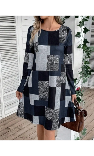 Kadın Uzun Kollu Yuvarlak Yaka Geometrik Süprem Elbise