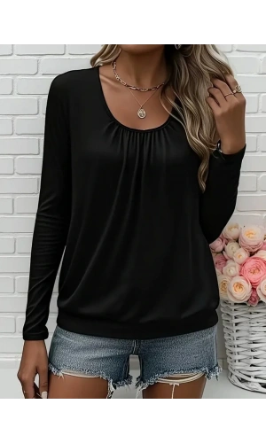 Kadın Uzun Kollu Yuvarlak Yakalı Viskon Bluz