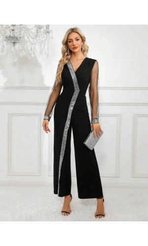 Kadın Uzun V Yakalı önden Pulpayet Detaylı Tüllü Uzun Ithal Krep Tulum