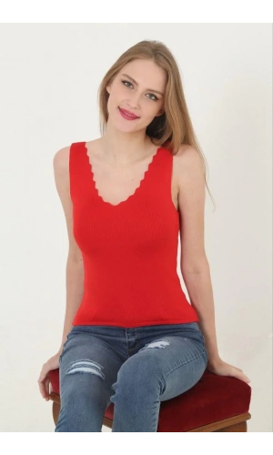 Kadın V Yaka Fırfır Detay Crop - Kırmızı