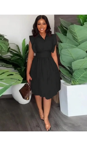 Kadın Yakalı Belden Oturmalı önden Büzgülü Dokuma Mini Elbise