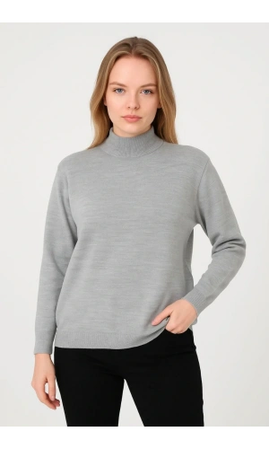 Kadın Yarım Boğaz Triko Kazak yumuşak dokulu Pamuklu ince Dokuma, uzun kollu Rahat Regular kalıp - Gri