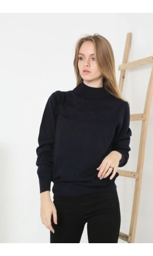 Kadın Yarım Boğaz Triko Kazak yumuşak dokulu Pamuklu ince Dokuma, uzun kollu Rahat Regular kalıp - Siyah