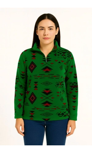 Kadın Yarım Fermuarlı Desenli Polar Sweat Tribal Etnik Desen Yakalı, Uzun Kollu, Oversize Rahat Kalıp - Yeşil