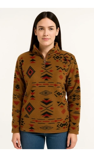 Kadın Yarım Fermuarlı Desenli Polar Sweat Tribal Etnik Desen Yakalı, Uzun Kollu, Oversize Rahat Kalıp - Kahverengi