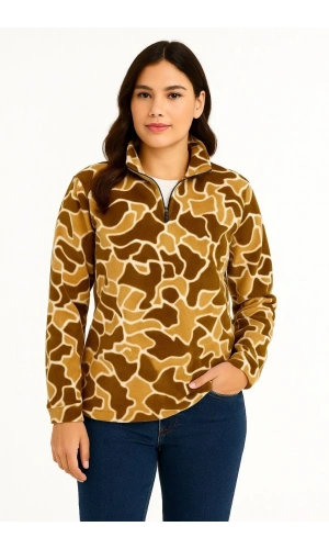 KADIN Yarım Fermuarlı Desenli Polar Sweat Yakalı, Uzun Kollu, Oversize Rahat Kalıp - Kahverengi