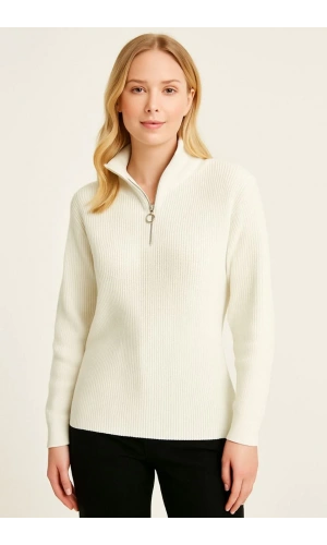 KADIN Yarım Fermuarlı Triko Kazak – Selanik Örgü, Dik Yaka, Pamuklu Dokuma, Oversize Uzun Kollu Kışlık Model - Beyaz