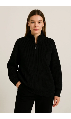 KADIN Yarım Fermuarlı Triko Kazak – Selanik Örgü, Dik Yaka, Pamuklu Dokuma, Oversize Uzun Kollu Kışlık Model - Siyah