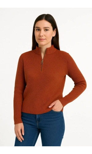 KADIN Yarım Fermuarlı Triko Kazak – Selanik Örgü, Dik Yaka, Pamuklu Dokuma, Oversize Uzun Kollu Kışlık Model - Kiremit