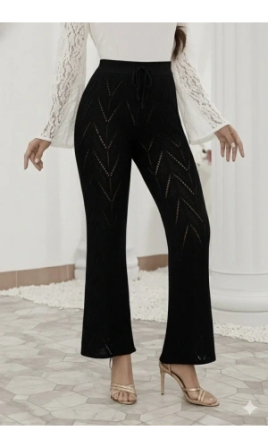 Kadın Yüksek Bel Bağcıklı Desenli Trikopantolon