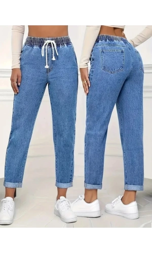 Kadın Yüksek Bel Bağcıklı Kot Pantolon