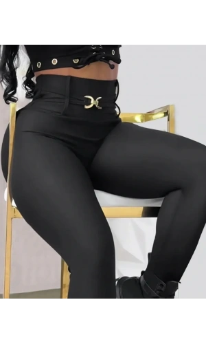 Kadın Yüksek Bel Belden Toka Detaylı Dalgıç Tayt