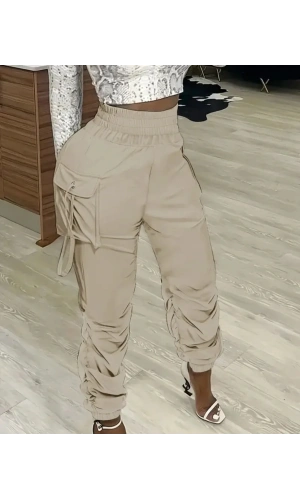 Kadın Yüksek Bel Beli Lastikli Kargo Cep Detaylı Gabardin Pantolon