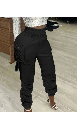 Kadın Yüksek Bel Beli Lastikli Kargo Cep Detaylı Gabardin Pantolon