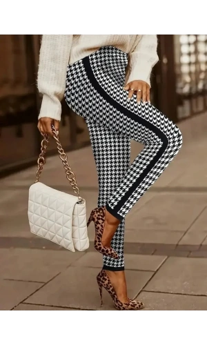 Kadın Yüksek Bel Kaz Ayağı Desenli Yanları şeritli Dalgıç Pantolon