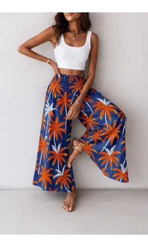 Kadın Yüksek Bel Lastikli Desenli Süprem Pantolon