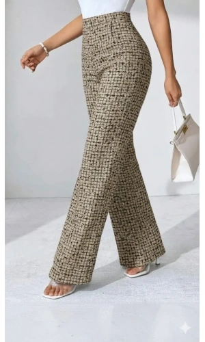 Kadın Yüksek Bel Paçaya Doğru Geniş Dokuma Pantolon