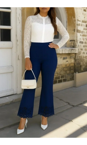 Kadın Yüksek Bel Paçaya Doğru Genişleyen Lazer çiçek Kesim Detaylı Ithal Krep Pantolon