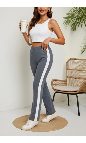 Kadın Yüksek Bel Yan şerit Detaylı Yırtmaçlı Viskon Iki Iplik Pantolon