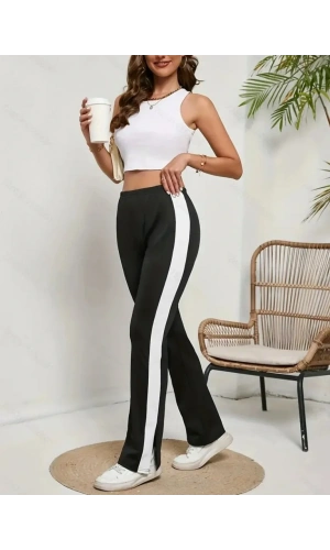 Kadın Yüksek Bel Yan şerit Detaylı Yırtmaçlı Viskon Iki Iplik Pantolon