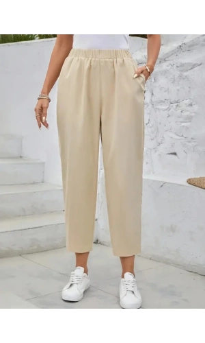 Kadın Yüksek Bel Yandan Cepli Düğme Detaylı Geniş Kesim Ithal Krep Pantolon