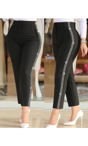 Kadın Yüksek Bel Yanlardan Taş Detaylı Ithal Krep Pantolon