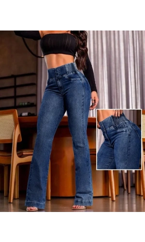 Kadın Yüksek Bel Yanları Lastik önü Düğmeli Kot Pantolon