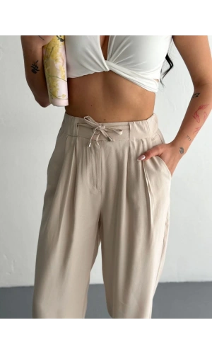 Kadın Yüksel Bel Beli Bağcıklı Rahat Boru Paça Pantalon - Kırık Beyaz