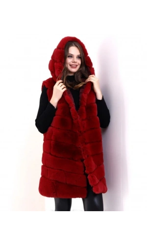 Kapşonlu Peluş Kürk Yelek Premium Kalite, Tam Astarlı, Uzun Model - Kırmızı