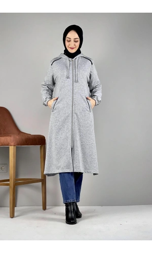 Kapşonlu Tesettür Kap Gri