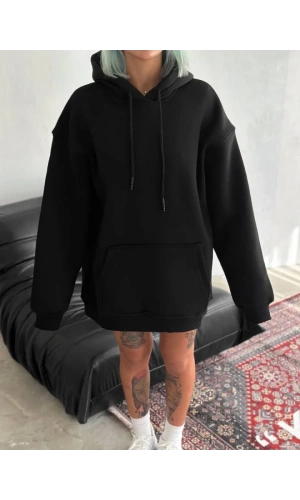 Kapşonlu Üç İplik Penye Basic SweatShirt - Siyah