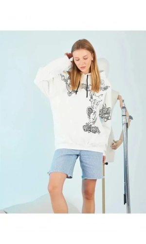 Kapüşonlu Strong Heykel Baskılı Sweatshirt - Beyaz
