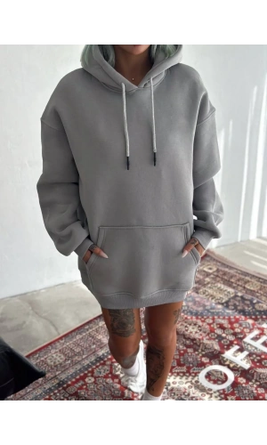 Kapüşonlu Üç İplik Penye Basic SweatShirt - Boyalı Gri