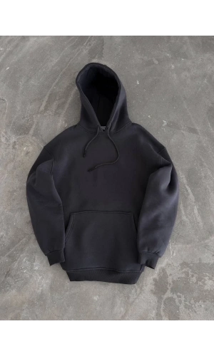 Kapüşonlu Üç İplik Penye Basic SweatShirt - Füme