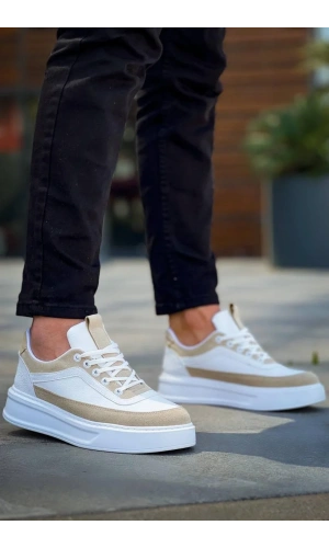 KB-006 Kuback Beyaz Cilt Bej Süet  Yüksek Taban Bağcıklı Günlük Erkek Ayakkabı