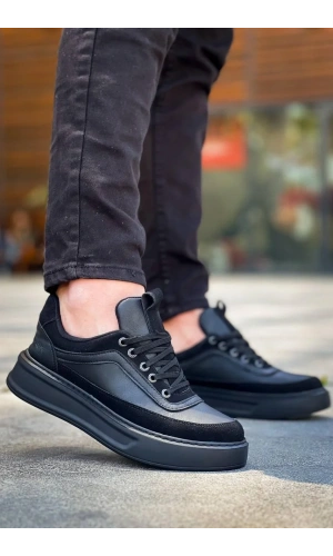 KB-006 Kuback Siyah Cilt Siyah Yüksek Taban Bağcıklı Günlük Erkek Ayakkabı