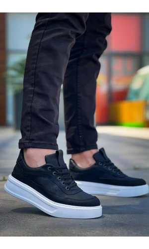 KB-006 Kuback Siyah Cilt Yüksek Taban Bağcıklı Günlük Erkek Ayakkabı