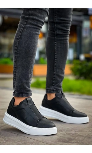 KB-007  Kuback Siyah Beyaz Yüksek Taban Tek Bant Bağcıksız Günlük Erkek Ayakkabı