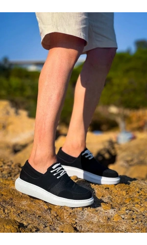 KB-042  Kuback Bağcıklı  Siyah Deri Tozu Beyaz Taban Günlük Erkek Ayakkabı