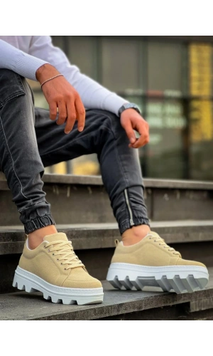 KB-056 Kuback Bej Süet Beyaz Yüksek Taban Günlük Spor Ayakkabı