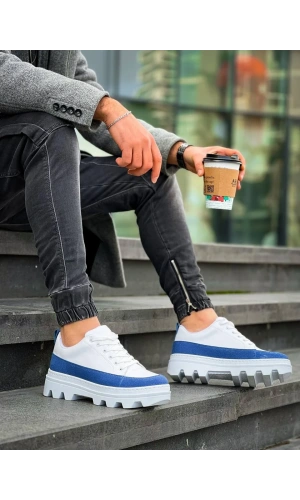 KB-056 Kuback Beyaz Mavi Detaylı Beyaz Yüksek Taban Günlük Spor Ayakkabı