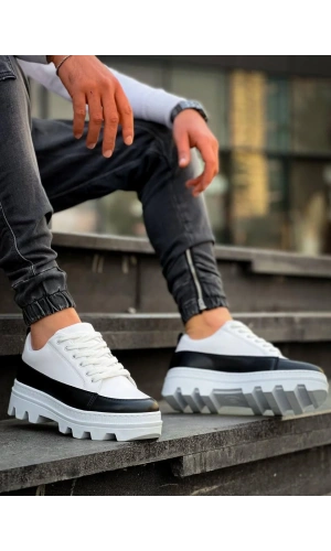 KB-056 Kuback Beyaz Siyah Detaylı Beyaz Yüksek Taban Günlük Spor Ayakkabı