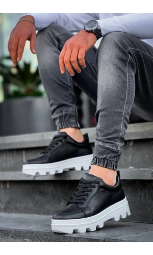 KB-056 Kuback Siyah Cilt Beyaz Yüksek Taban Günlük Spor Ayakkabı