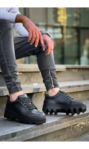 KB-056 Kuback Siyah Cilt Siyah Yüksek Taban Günlük Spor Ayakkabı