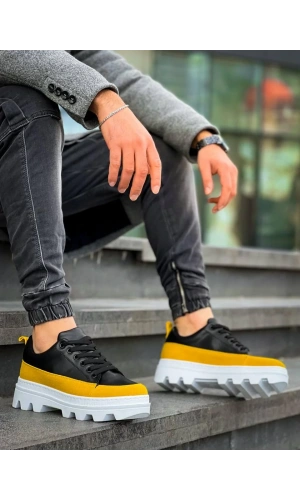 KB-056 Kuback Siyah Sarı Detaylı Beyaz Yüksek Taban Günlük Spor Ayakkabı