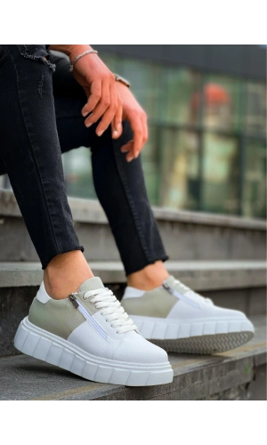 KB-X155 Kuback Beyaz Cilt Gri Süet Detaylı Beyaz Yüksek Taban Günlük Spor Ayakkabı