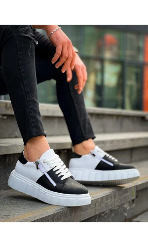 KB-X155 Kuback Siyah Cilt Beyaz Cilt Detaylı Beyaz Yüksek Taban Günlük Spor Ayakkabı
