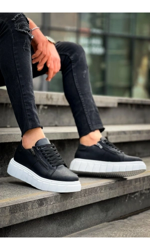 KB-X155 Kuback Siyah Cilt Detaylı Beyaz Yüksek Taban Günlük Spor Ayakkabı