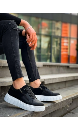KB-X155 Kuback Siyah Cilt Siyah Süet Detaylı Beyaz Yüksek Taban Günlük Spor Ayakkabı