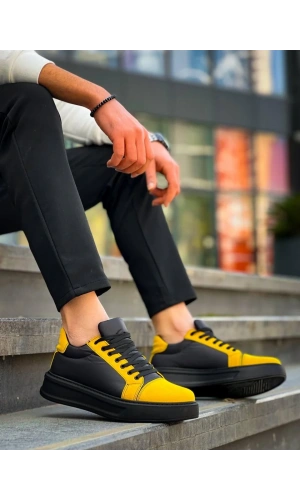 KB-X46 Kuback Siyah Sarı Yüksek Siyah Taban Günlük Spor Ayakkabı